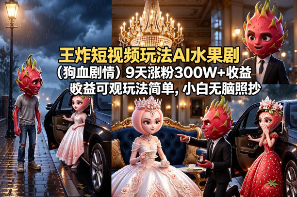 王炸短视频玩法AI水果剧(狗血剧情)9天涨粉300W+收益可观玩法简单，小白无脑照抄，详细拆解玩法-校睿铺