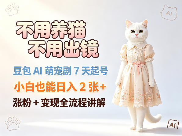 不用养猫不用出镜，豆包AI萌宠剧7天起号，小白也能日入2张+，涨粉+变现全流程讲解-校睿铺