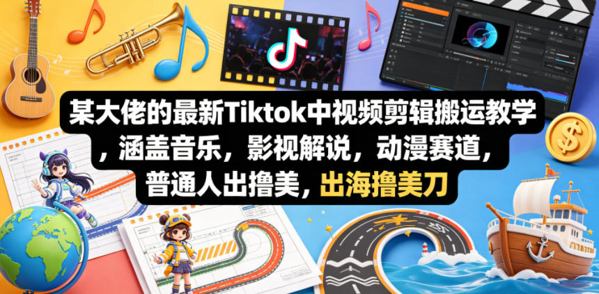 某大佬的最新Tiktok中视频剪辑搬运教学，涵盖音乐，影视解说，动漫赛道，普通人出海撸美刀-校睿铺