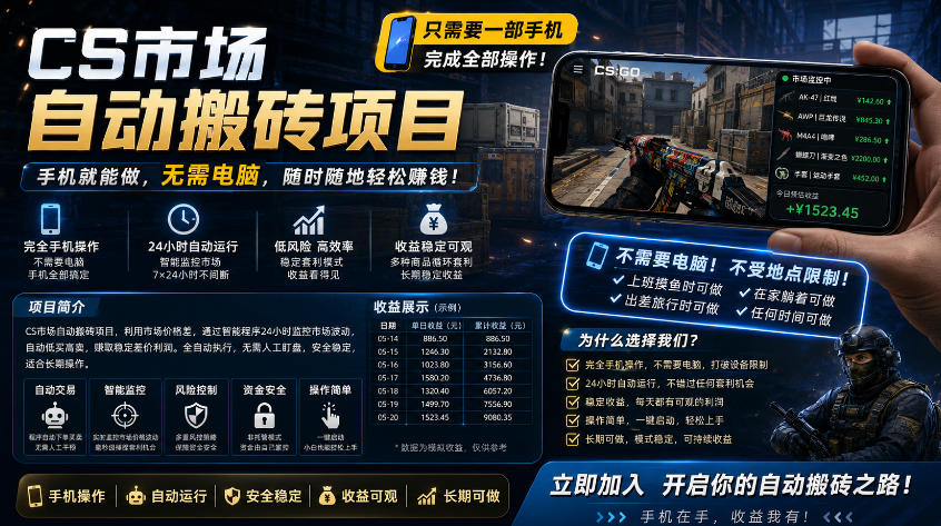 手机即可操作的CS市场自动搬砖系统｜自动监控｜自动下单|日入300+【揭秘】-校睿铺