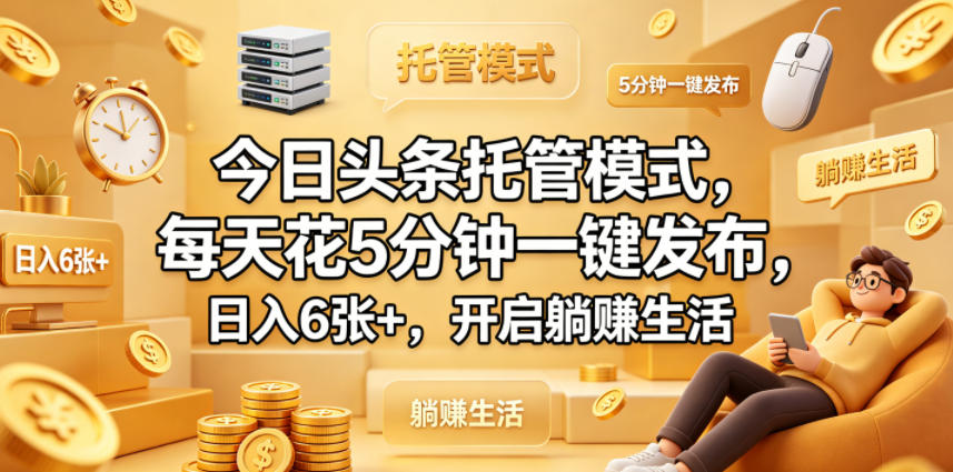 今日头条托管模式，每天花5分钟一键发布，日入6张+，开启躺賺生活【揭秘】-校睿铺