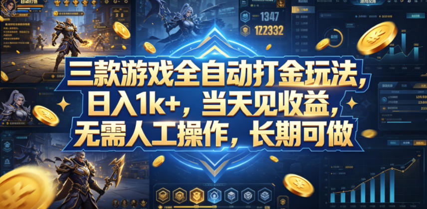 三款游戏全自动打金玩法，日入1k+，当天见收益，无需人工操作，长期可做【揭秘】-校睿铺