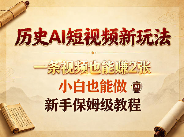 历史AI短视频新玩法，一条视频也能賺2张，小白也能做，新手保姆级教程-校睿铺