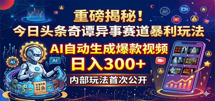 重磅揭秘！今日头条奇谭异事赛道暴利玩法：AI自动生成爆款视频，日入300+-校睿铺