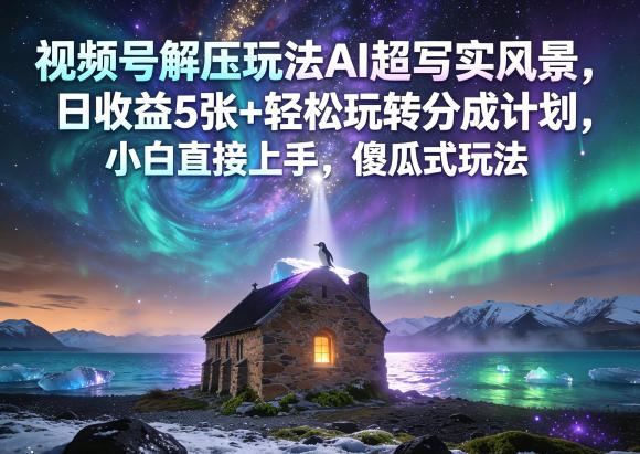 视频号解压玩法AI超写实风景，日收益5张+轻松玩转分成计划，小白直接上手，傻瓜式玩法-校睿铺
