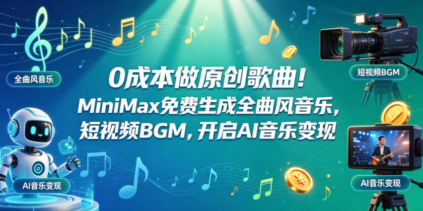 0成本做原创歌曲！MiniMax免费生成全曲风音乐，短视频BGM，开启AI音乐变现-校睿铺