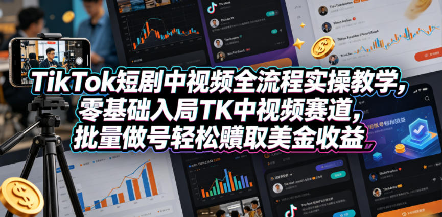 TikTok短剧中视频全流程实操教学，零基础入局TK中视频赛道，批量做号轻松賺取美金收益-校睿铺