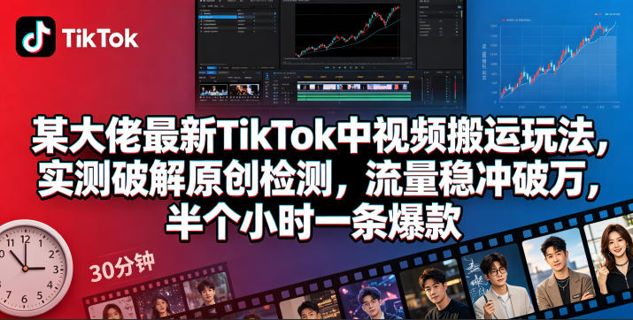 某大佬最新TikTok中视频搬运玩法，实测破解原创检测，流量稳冲破万，半个小时一条爆款-校睿铺