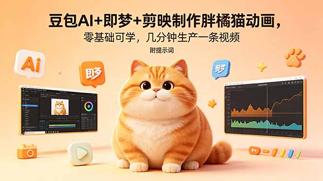 豆包AI+即梦+剪映制作胖橘猫动画，零基础可学，几分钟生产一条视频，附提示词-校睿铺