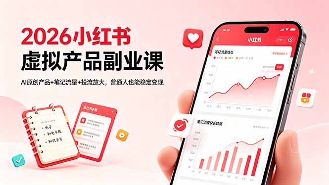 2026小红书虚拟产品副业课，AI原创产品+笔记流量+投流放大，普通人也能稳定变现-校睿铺