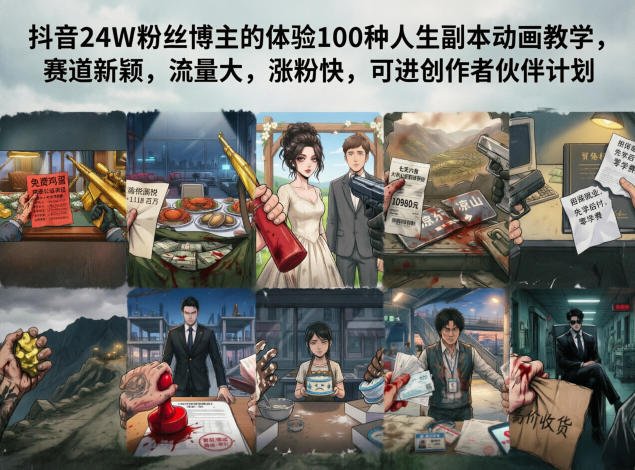 抖音24W粉丝博主的体验100种人生副本动画教学，赛道新颖，流量大，涨粉快，可进创作者伙伴计划-校睿铺