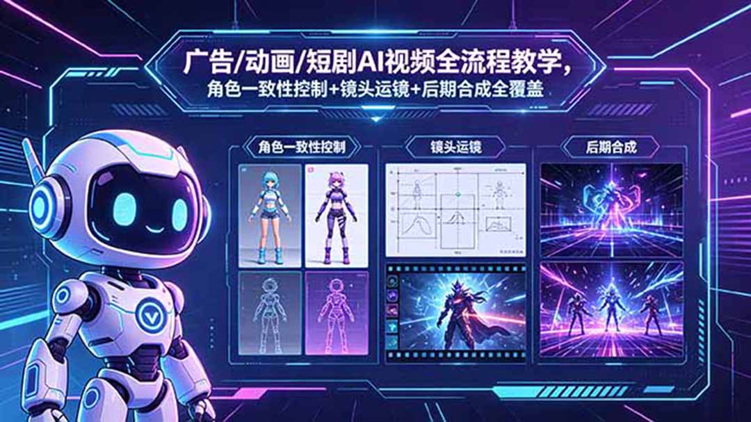 广告/动画/短剧AI视频全流程教学，角色一致性控制+镜头运镜+后期合成全覆盖-校睿铺