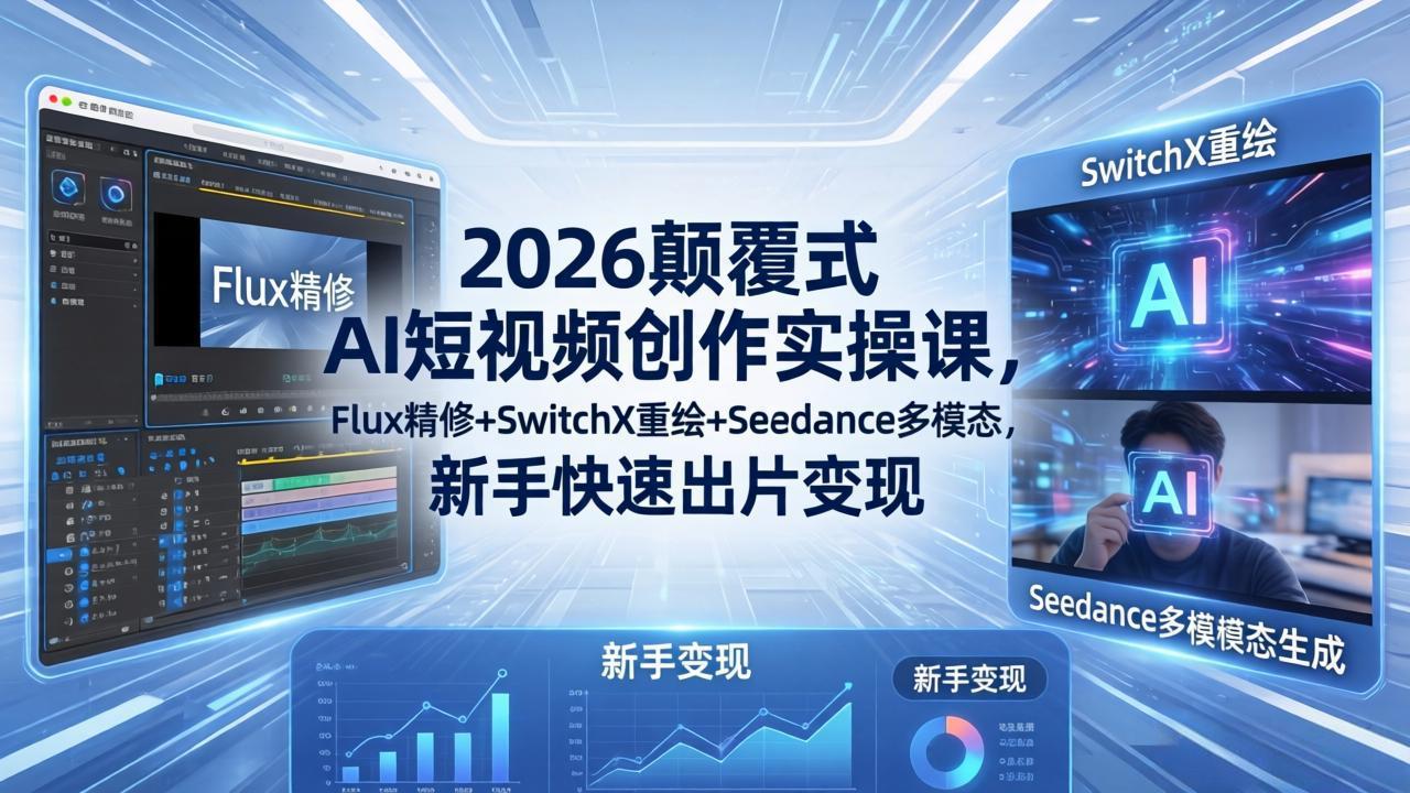 2026颠覆式 AI短视频创作课-5月更新，Flux精修+SwitchX重绘+Seedance多模态，新手快速出片变现-校睿铺