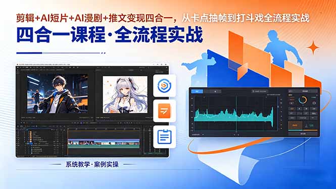 剪辑+AI短片+AI漫剧+推文变现四合一，从卡点抽帧到打斗戏全流程实战-校睿铺