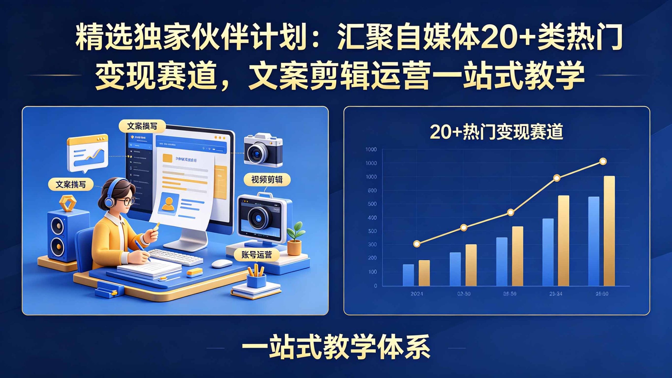 精选独家伙伴计划：汇聚自媒体20+类热门变现赛道，文案剪辑运营一站式教学-校睿铺