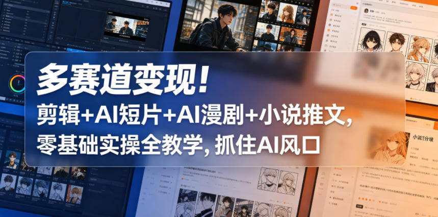 多赛道变现！剪辑+AI短片+AI漫剧+小说推文，零基础实操全教学，抓住AI风口-校睿铺