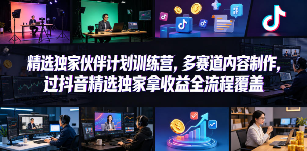 小豁食堂精选独家伙伴计划训练营，多赛道内容制作，过抖音精选独家拿收益全流程覆盖-校睿铺