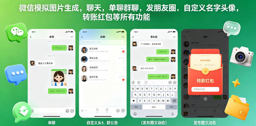 微信模拟图片生成，聊天，单聊群聊，发朋友圈，自定义名字头像，转账红包等所有功能都可以生成-校睿铺