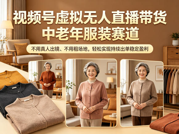 视频号虚拟无人直播带货中老年服装赛道，不用真人出镜、不用租场地，轻松实现持续出单稳定盈利-校睿铺