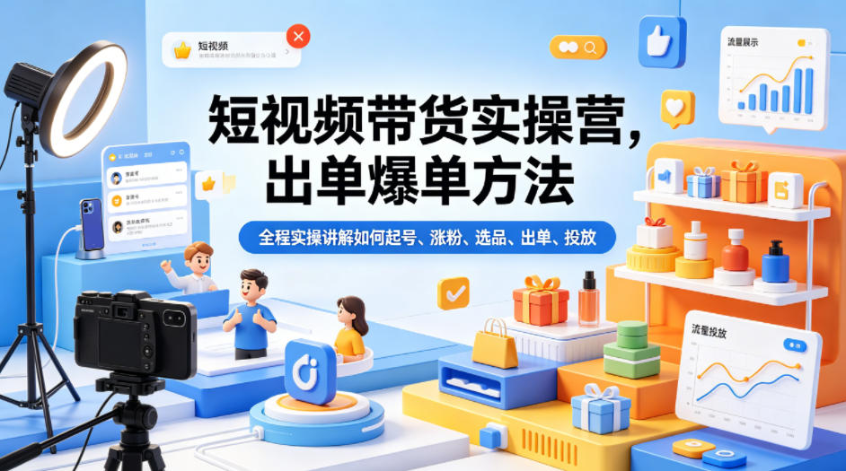 短视频带货实操营，出单爆单方法，全程实操讲解如何起号、涨粉、选品、出单、投放(更新0515)-校睿铺