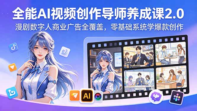 全能AI视频创作导师养成课2.0，漫剧数字人商业广告全覆盖，零基础系统学爆款创作-校睿铺