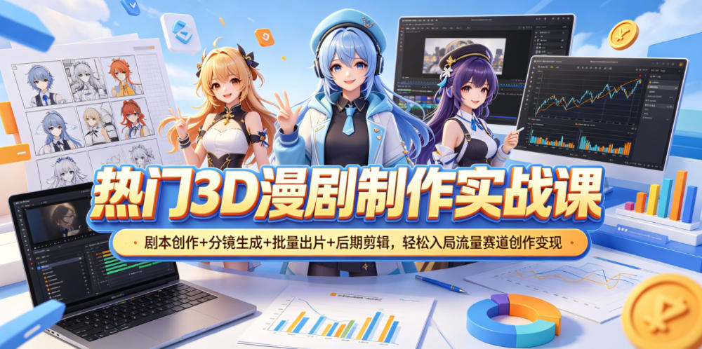 热门3D漫剧制作实战课，剧本创作+分镜生成+批量出片+后期剪辑，轻松入局流量赛道创作变现-校睿铺
