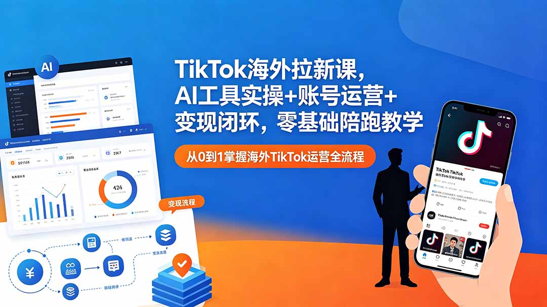 TikTok海外拉新课，AI工具实操+账号运营+变现闭环，零基础陪跑教学-校睿铺