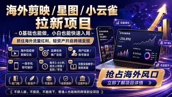 海外剪映 / 星图 / 小云雀拉新项目 普通人也能上手的跨境流量变现副业-校睿铺