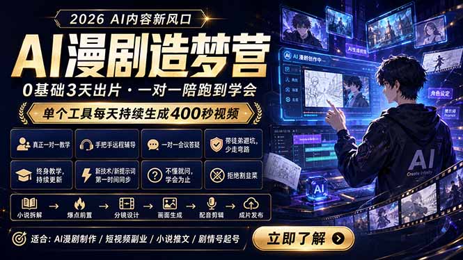 AI漫剧造梦营：0基础3天出片，单个工具每天持续生成400秒视频-校睿铺
