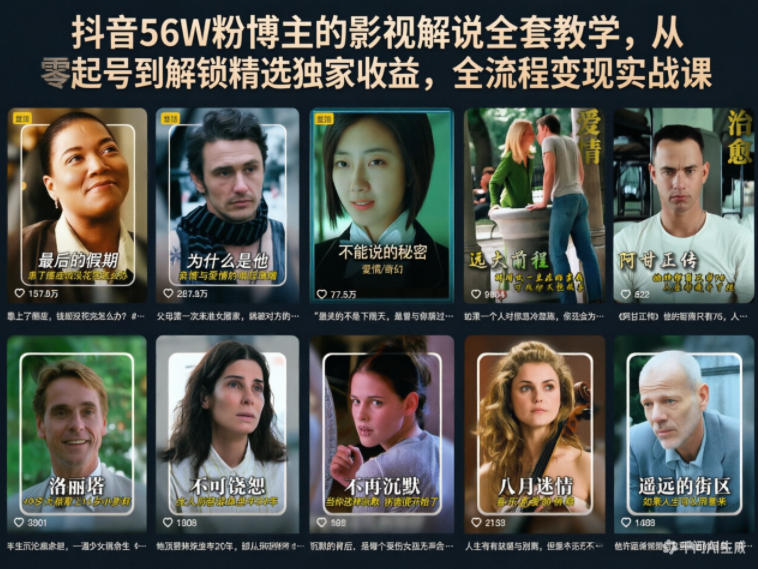 抖音56W粉博主的影视解说全套教学，从零起号到解锁精选独家收益，全流程变现实战课-校睿铺