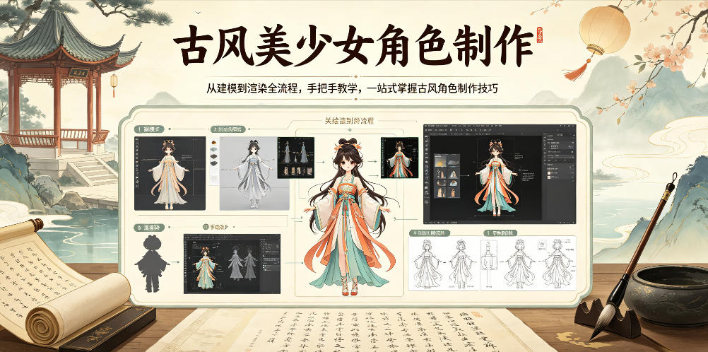 古风美少女角色制作，从建模到渲染全流程，手把手教学，一站式掌握古风角色制作技巧-校睿铺