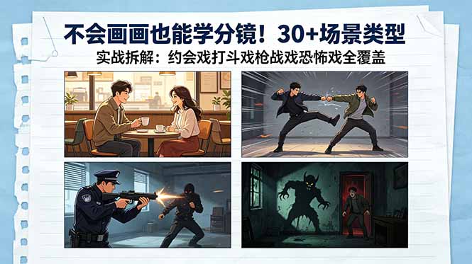 不会画画也能学分镜！30+场景类型实战拆解：约会戏打斗戏枪战戏恐怖戏全覆盖-校睿铺