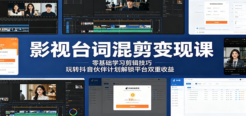 影视台词混剪变现课：零基础学习剪辑技巧，玩转抖音伙伴计划解锁平台双重收益-校睿铺