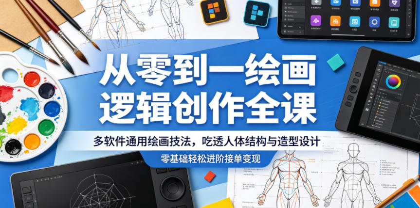 从零到一绘画逻辑创作全课，多软件通用绘画技法，吃透人体结构与造型设计，零基础轻松进阶接单变现-校睿铺