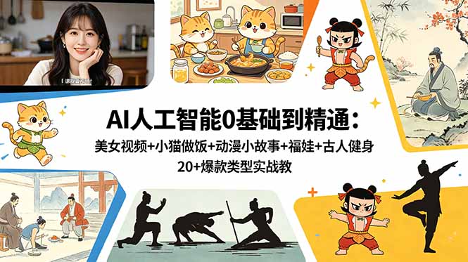 AI人工智能0基础到精通：美女视频+小猫做饭+动漫小故事+福娃+古人健身，20+爆款类型实战教学-校睿铺