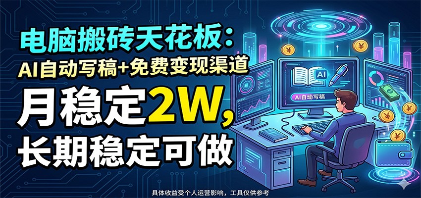 电脑搬砖天花板：AI自动写稿+免费变现渠道，月稳定2W，长期稳定可做-校睿铺
