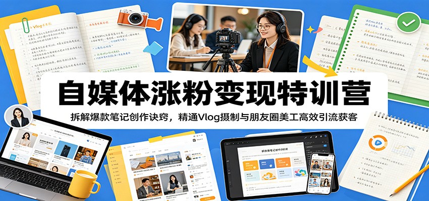 自媒体涨粉变现特训营：拆解爆款笔记创作诀窍，精通Vlog摄制与朋友圈美工高效引流获客-校睿铺