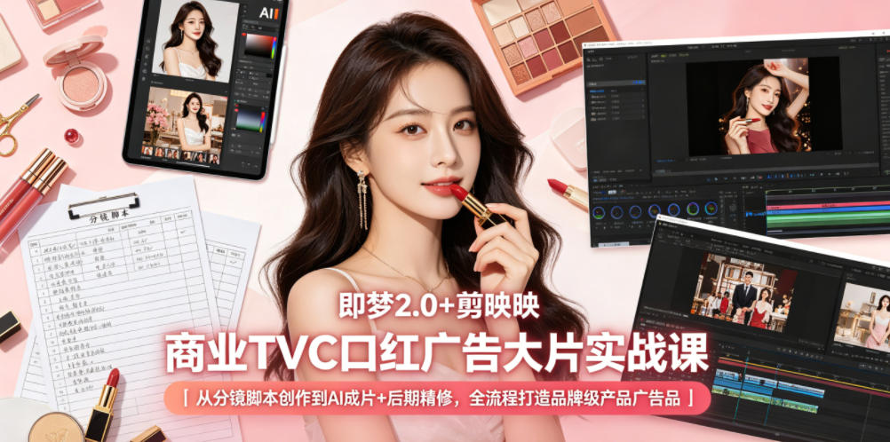 即梦2.0+剪映商业TVC口红广告大片实战课｜从分镜脚本创作到AI成片+后期精修，全流程打造品牌级产品广告-校睿铺