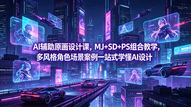 AI辅助原画设计课，MJ+SD+PS组合教学，多风格角色场景案例一站式学懂AI设计-校睿铺