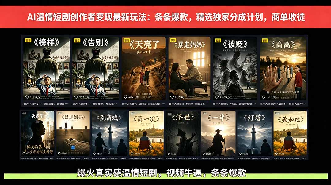 AI温情短剧创作者变现最新玩法：视频牛逼，条条爆款，精选独家分成计划，商单收徒-校睿铺