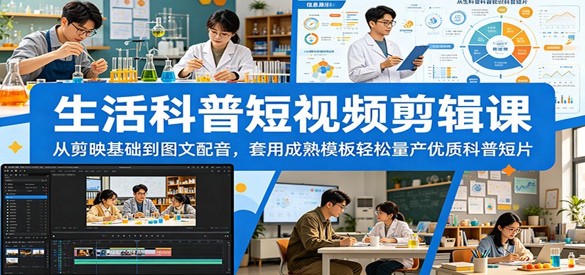 生活科普短视频剪辑课：从剪映基础到图文配音，套用成熟模板轻松量产优质科普短片-校睿铺