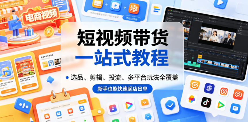 短视频带货一站式教程，选品、剪辑、投流、多平台玩法全覆盖，新手也能快速起店出单-校睿铺