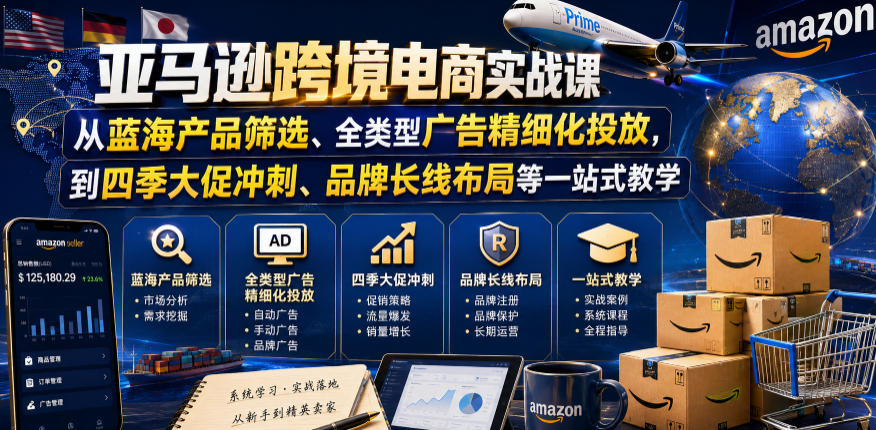 亚马逊跨境电商实战课，从蓝海产品筛选、全类型广告精细化投放，到四季大促冲刺、品牌长线布局等一站式教学-校睿铺