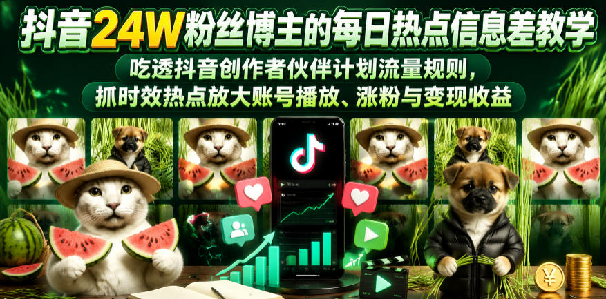 抖音24W粉丝博主的每日热点信息差教学，吃透创作者伙伴计划流量规则，抓时效热点放大账号播放、涨粉与变现收益-校睿铺