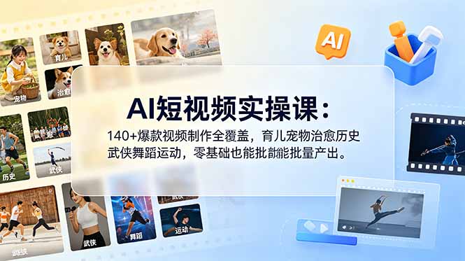 AI短视频实操课：140+爆款视频制作全覆盖，育儿宠物治愈历史武侠舞蹈运动，零基础也能批量产出-校睿铺