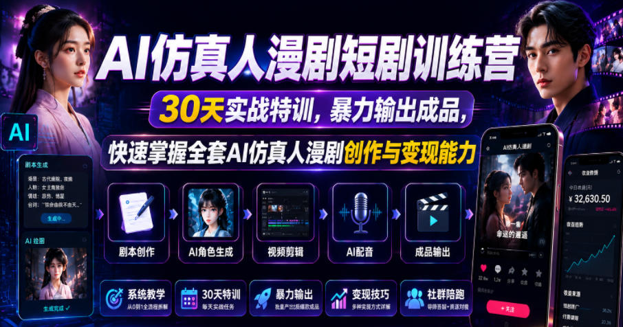 AI仿真人漫剧短剧训练营，30天实战特训，暴力输出成品，快速掌握全套AI仿真人漫剧创作与变现能力-校睿铺