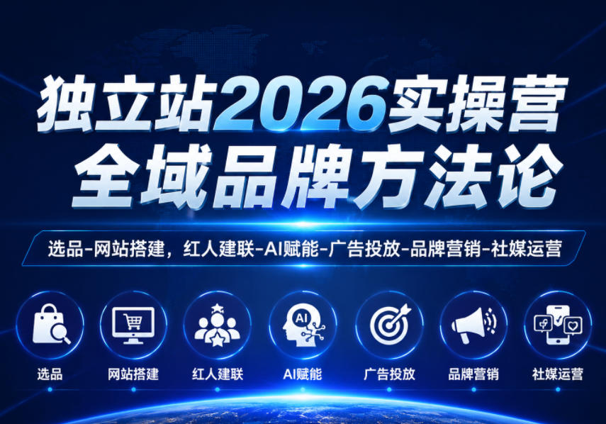 独立站2026实操营，全域品牌方法论，选品-网站搭建，红人建联-AI赋能-广告投放-品牌营销-社煤运营-校睿铺