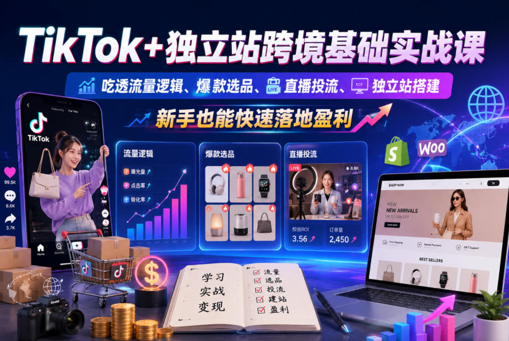TikTok+独立站跨境基础实战课，吃透流量逻辑、爆款选品、直播投流与独立站搭建，新手也能快速落地盈利-校睿铺