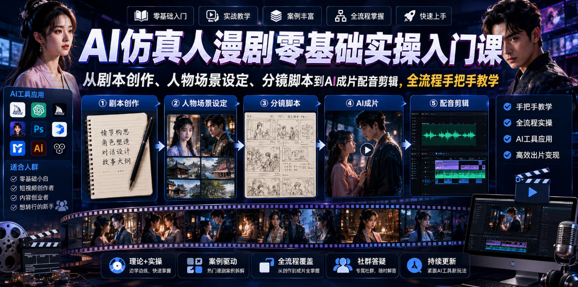 AI仿真人漫剧零基础实操入门课，从剧本创作、人物场景设定、分镜脚本到AI成片配音剪辑，全流程手把手教学-校睿铺