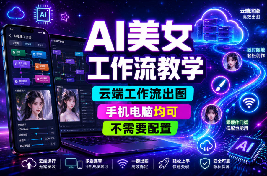 AI美女工作流教学，云端工作流出图，手机电脑均可，不需要配置，快速起号涨粉-校睿铺